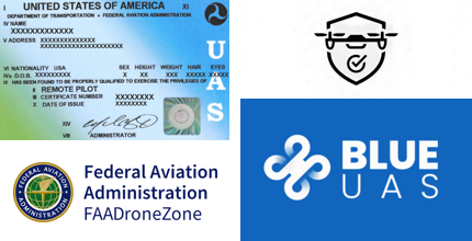 A collage of a drone insurance icon, the FAA Drone Zone logo, the Blue unmanned aircraft systems icon, and an FAA small unmanned aircraft systems licence,